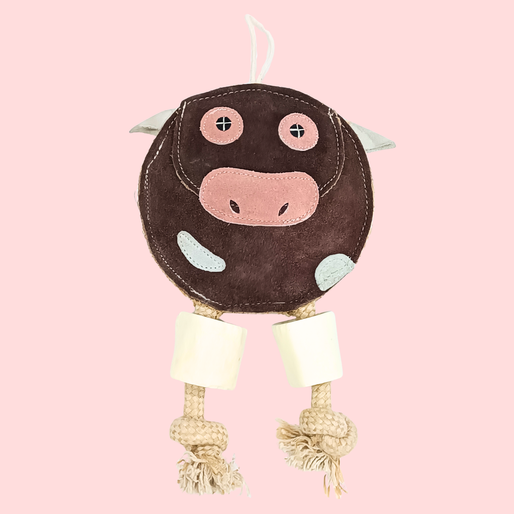Suede Cow Dog Toy with Rope & Bone – Natural Chew Toy