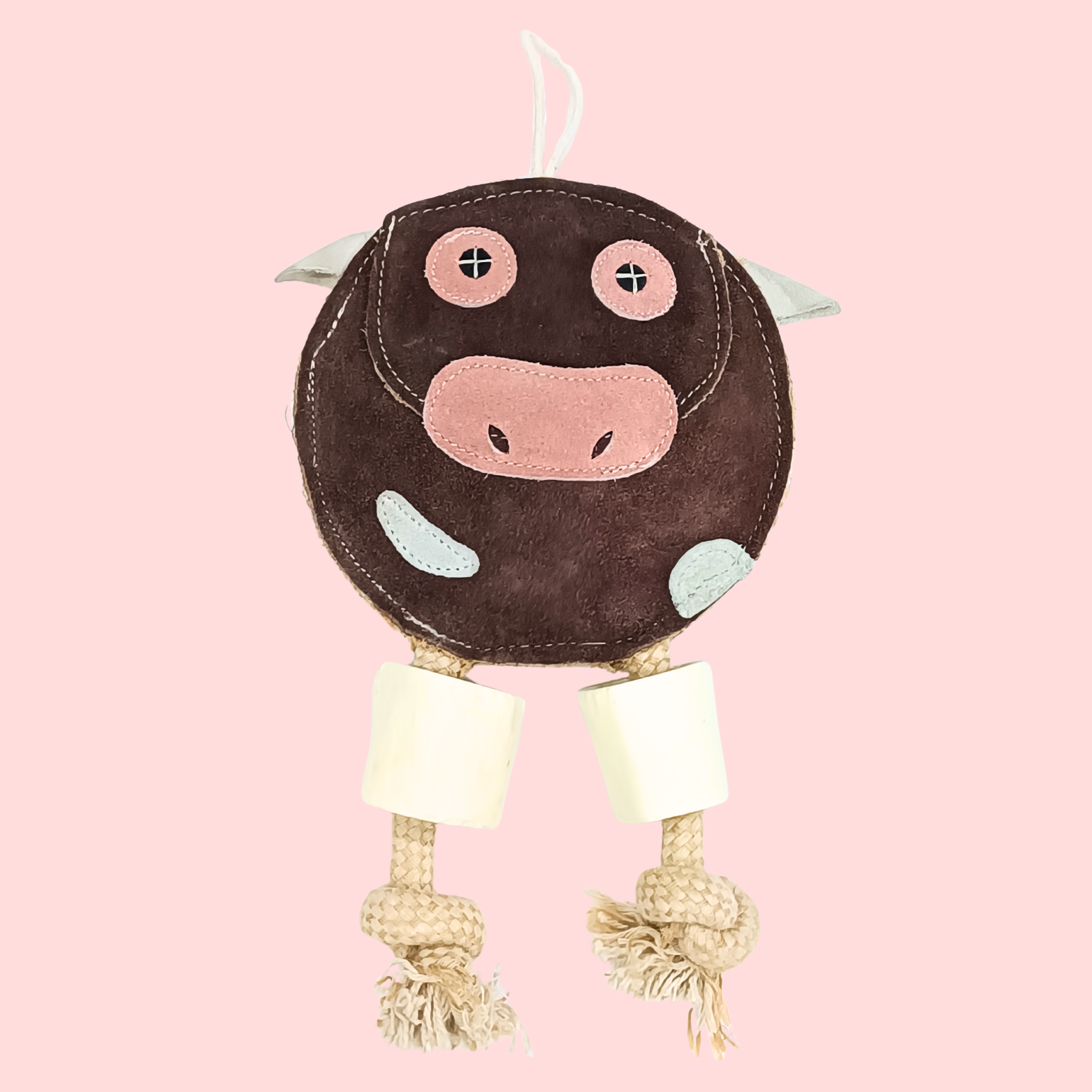 Suede Cow Dog Toy with Rope & Bone – Natural Chew Toy