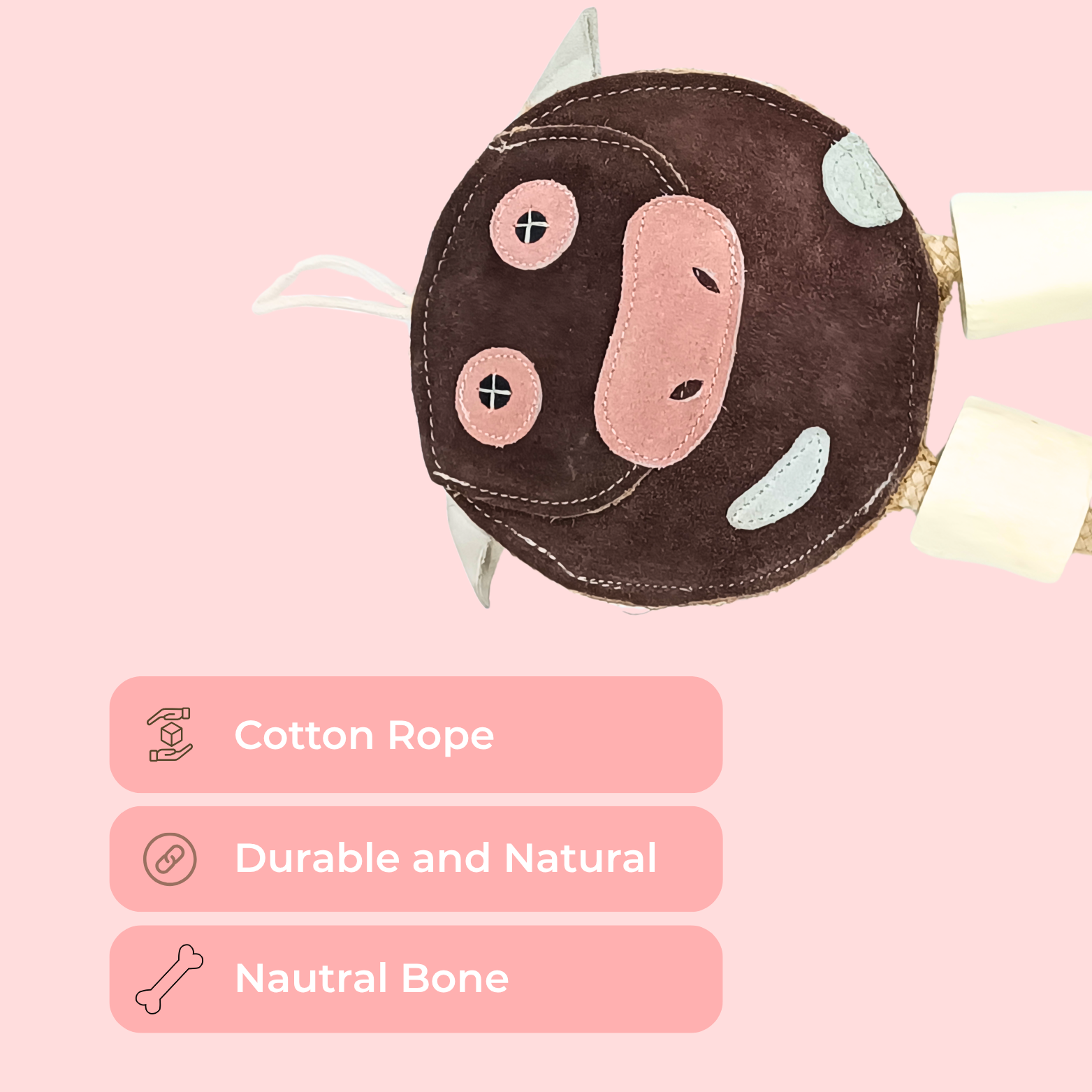 Suede Cow Dog Toy with Rope & Bone – Natural Chew Toy